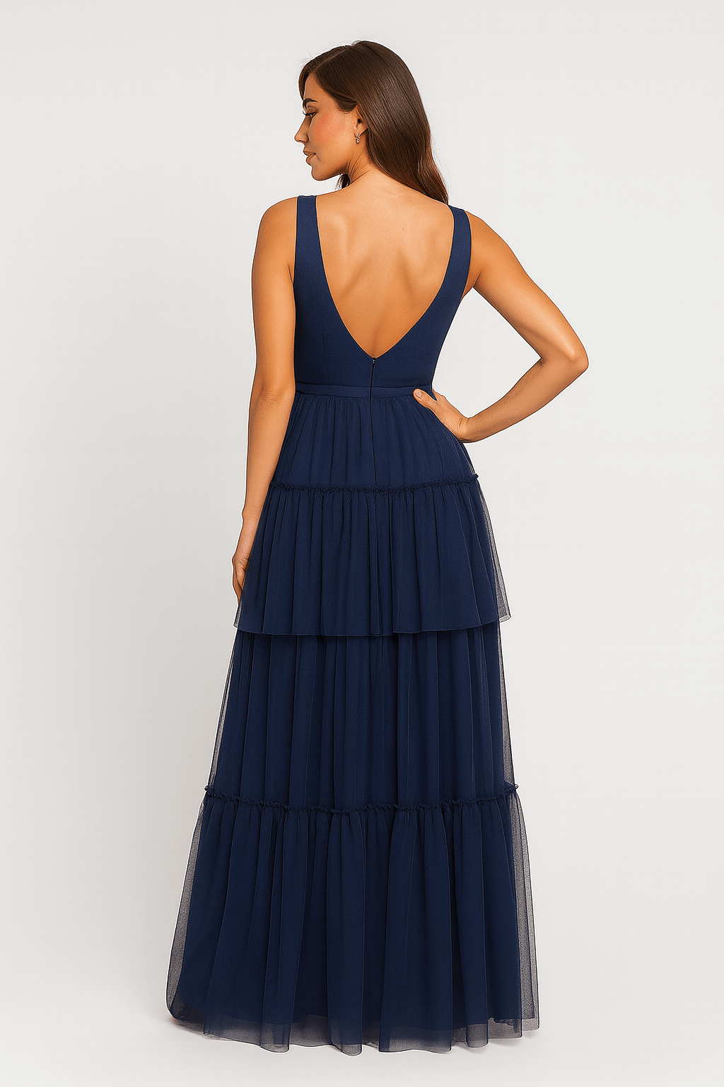 Esme | Formal Maxi Dress - Embellished Bodice - Tiered Tulle Skirt - Flattering V-Neck