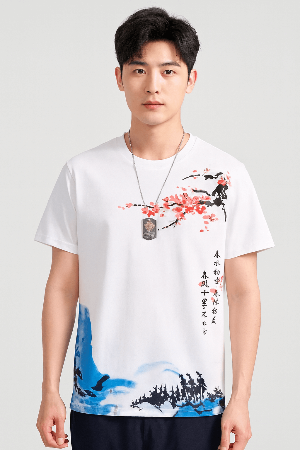 Wesley | Artistic Blossom Wave Tee - Men's T-Shirt - Light Elastic Fabric - All-Season Wear