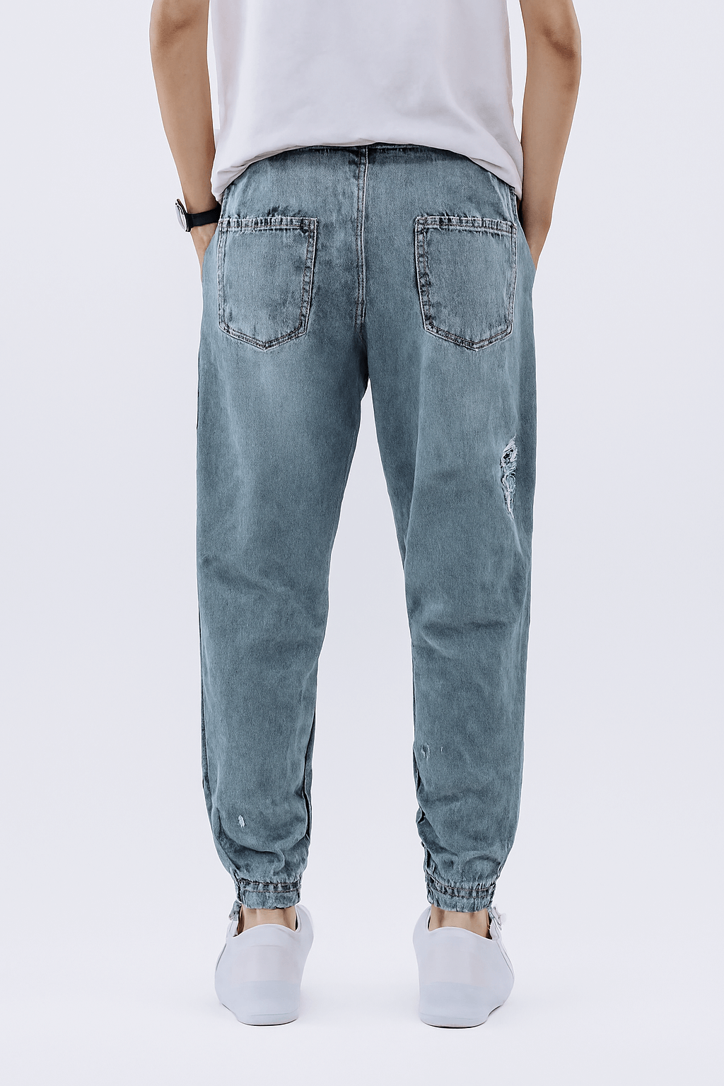Marcus | Men's Denim Jogger Pants - Elastic Drawstring Waist - Distressed Detail - Cuffed Hem