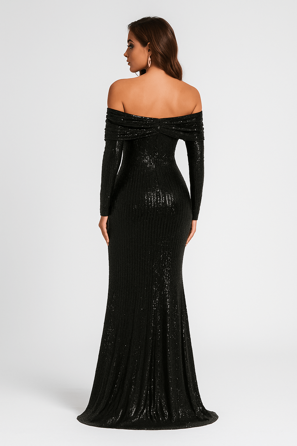 Gabriella | Women’s Black Sequin Evening Gown – Off Shoulder Long Sleeve Formal Dress with High Slit