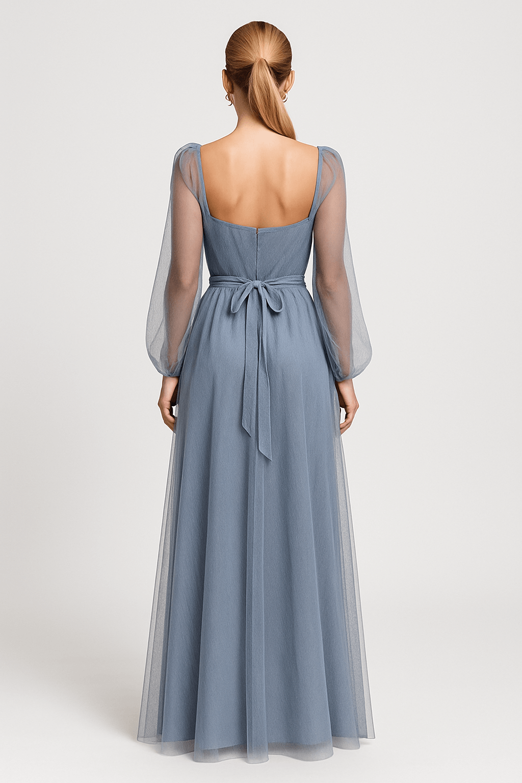 Fiona | Women’s Light Blue Tulle Evening Gown – V-Neck Formal Dress with Sheer Long Sleeves and Waist Tie