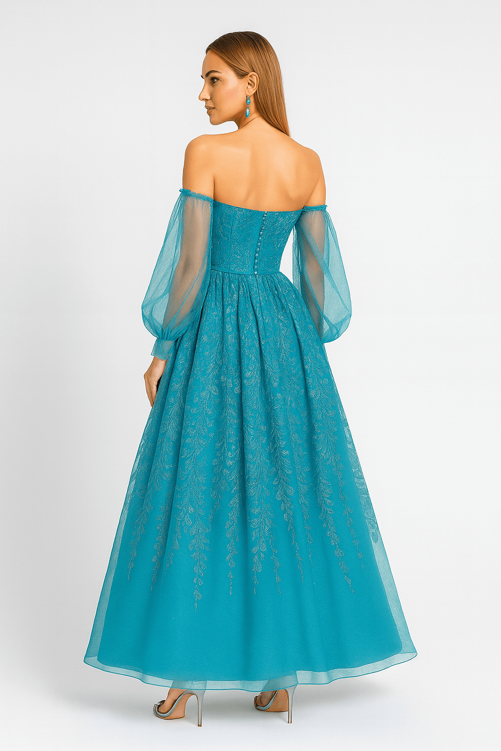 Aveline | Women’s Teal Off Shoulder Evening Gown – Lace Embroidered Formal Dress with Sheer Balloon Sleeves