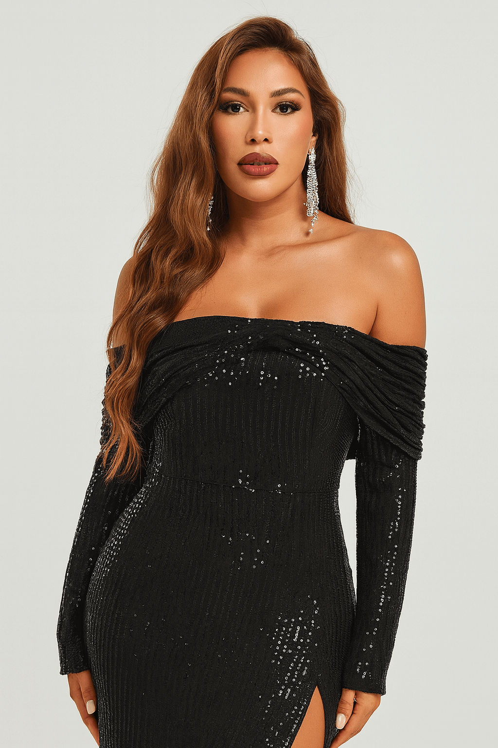 Gabriella | Women’s Black Sequin Evening Gown – Off Shoulder Long Sleeve Formal Dress with High Slit