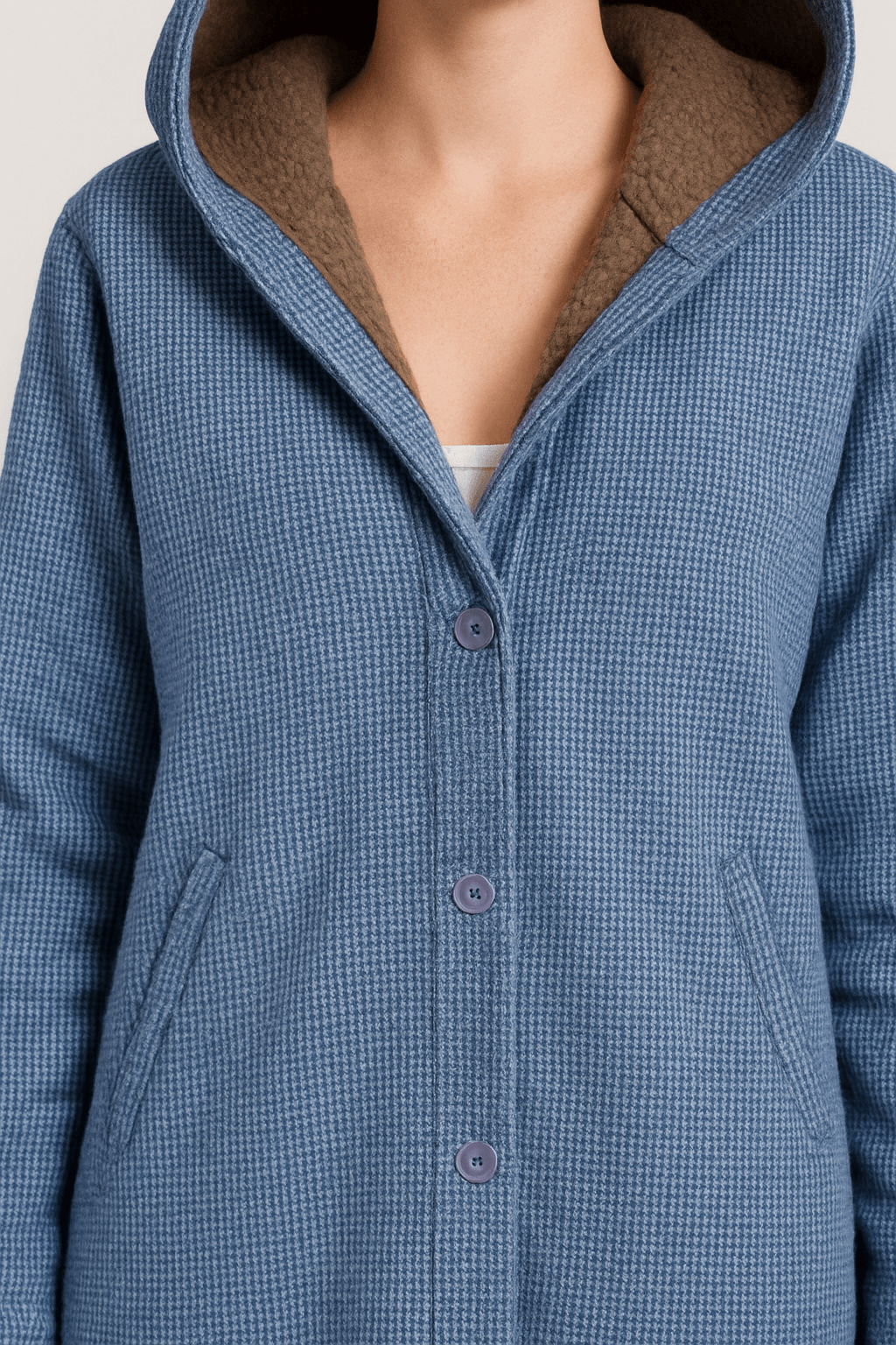 Renee | Women’s Checked Hooded Coat - Button Closure - Cotton Blend - Relaxed Fit