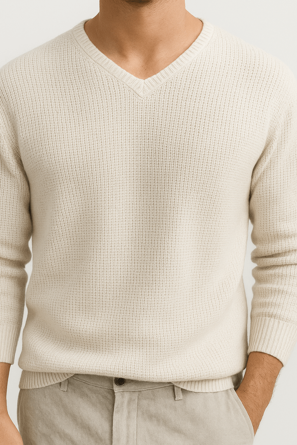 Daniel | Men’s V-Neck Knit Sweater – Classic Long Sleeve Pullover in Beige Cotton Blend