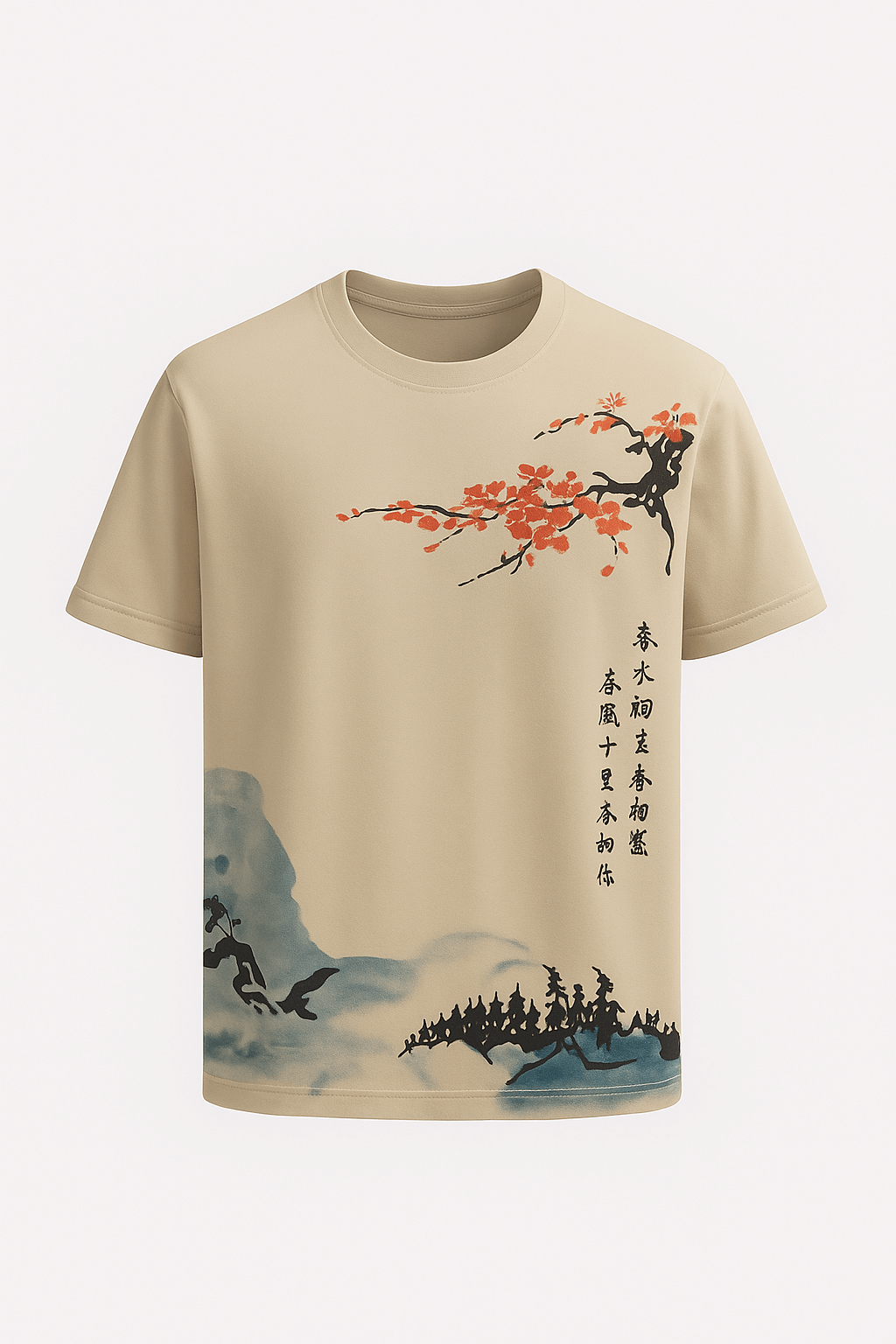 Wesley | Artistic Blossom Wave Tee - Men's T-Shirt - Light Elastic Fabric - All-Season Wear