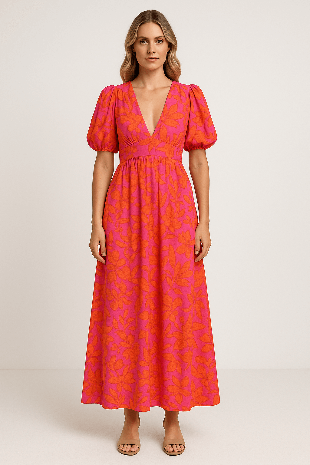 Heidi | Women's Maxi Dress - Puff Sleeve - V-Neck - Floral Print - Flowing Elegant Fit