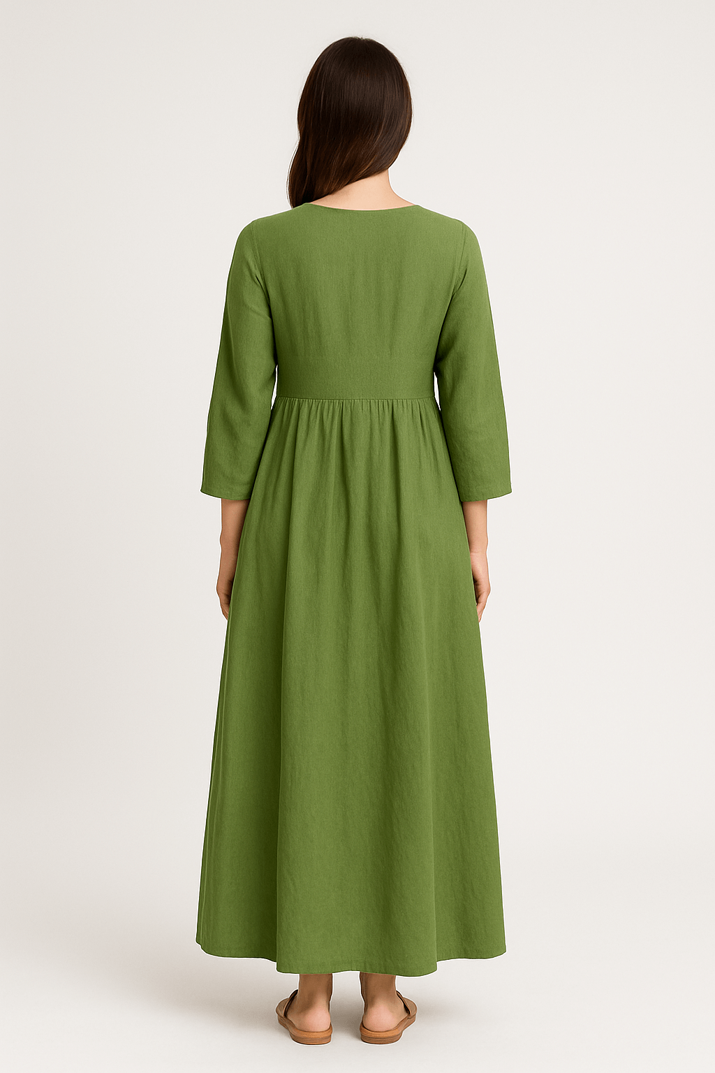 Olive | Long-Sleeve Cotton Maxi Dress - Modest A-Line Fit