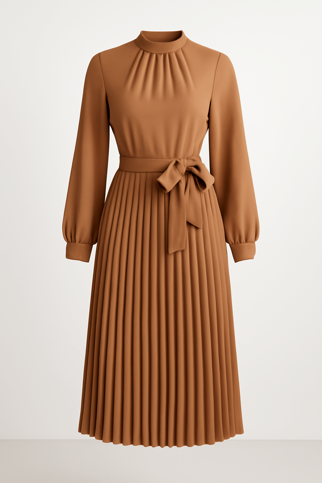Delilah | Women's Elegant Midi Cocktail Dress – High Neck, Long Sleeve – Flowy & Pleated