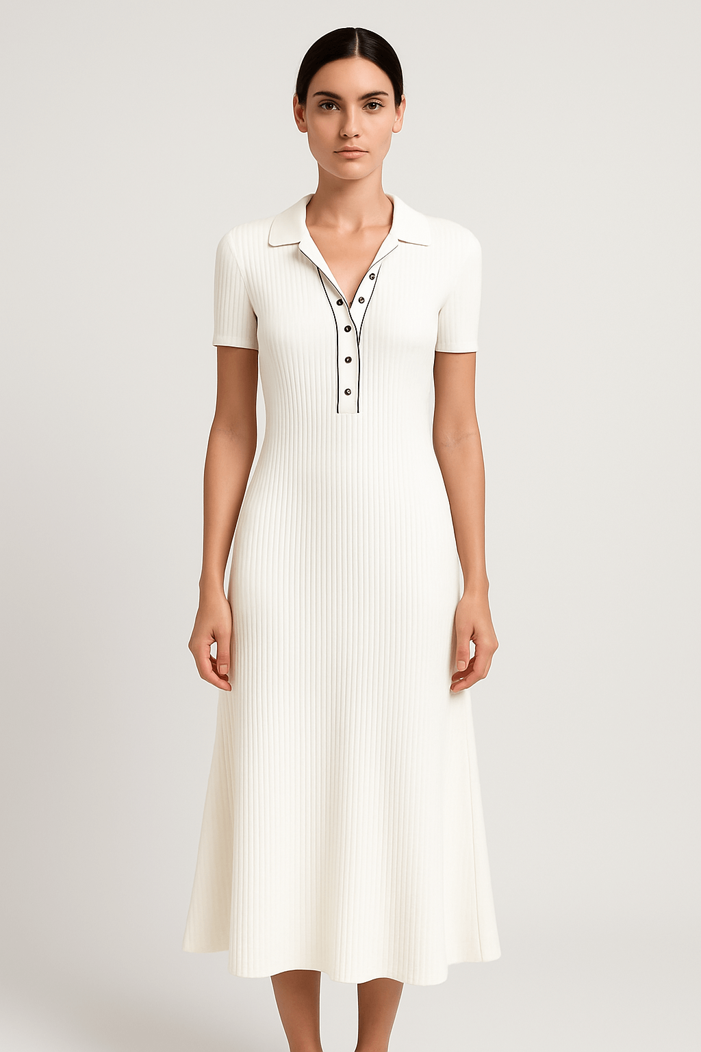 Cleo | Women's Summer Maxi Dress – Ribbed Knit – Collared V-Neck with Button Detail