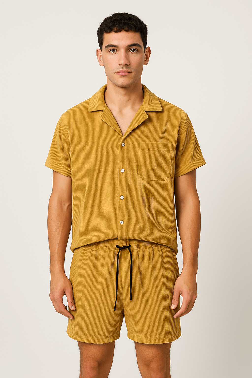 Zachary | Men's Lounge Set – Short-Sleeve Button-Up & Drawstring Shorts – Comfortable Waffle-Knit Design