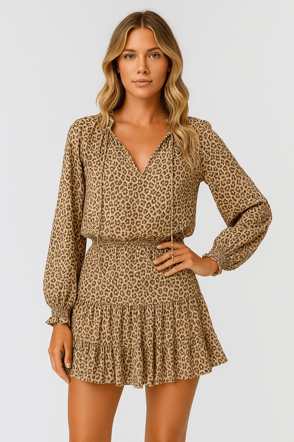 Ruby | Women's Summer Mini Dress – V-Neck with Smocked Waist – Long Sleeve & Relaxed Fit