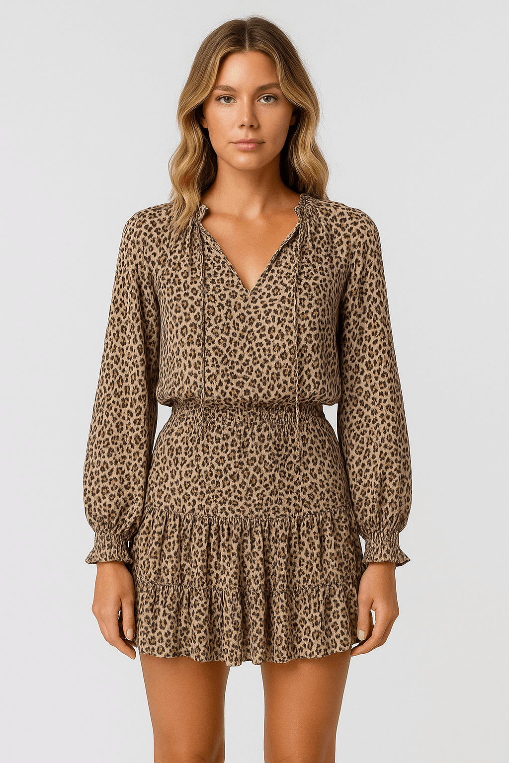 Ruby | Women's Summer Mini Dress – V-Neck with Smocked Waist – Long Sleeve & Relaxed Fit