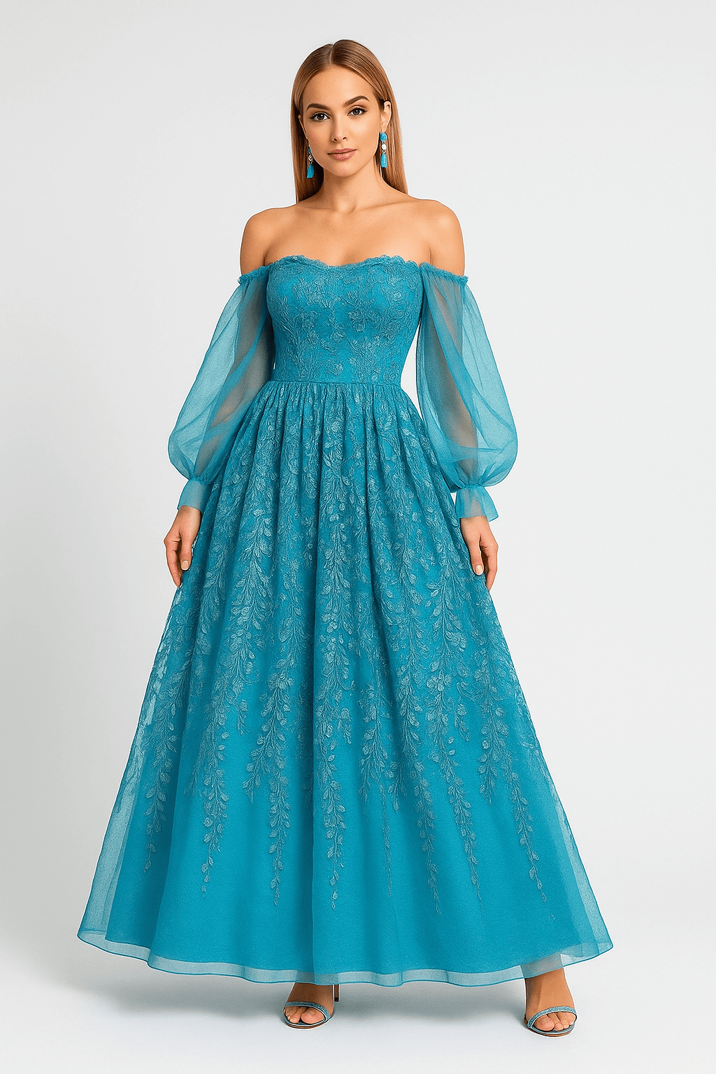 Aveline | Women’s Teal Off Shoulder Evening Gown – Lace Embroidered Formal Dress with Sheer Balloon Sleeves