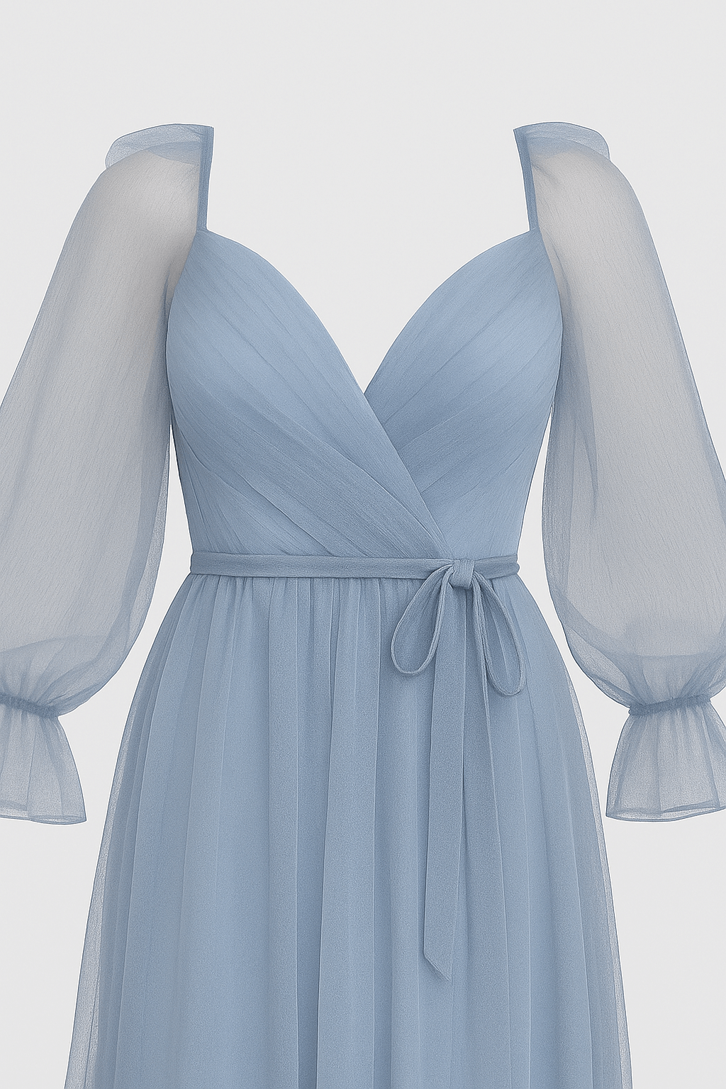 Fiona | Women’s Light Blue Tulle Evening Gown – V-Neck Formal Dress with Sheer Long Sleeves and Waist Tie