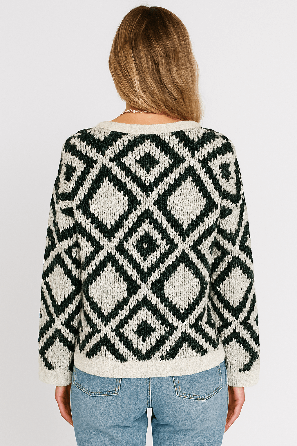 Fallon | Fien Sweater - Women’s Geometric Knit - V-Neck Acrylic Pullover - Loose Fit