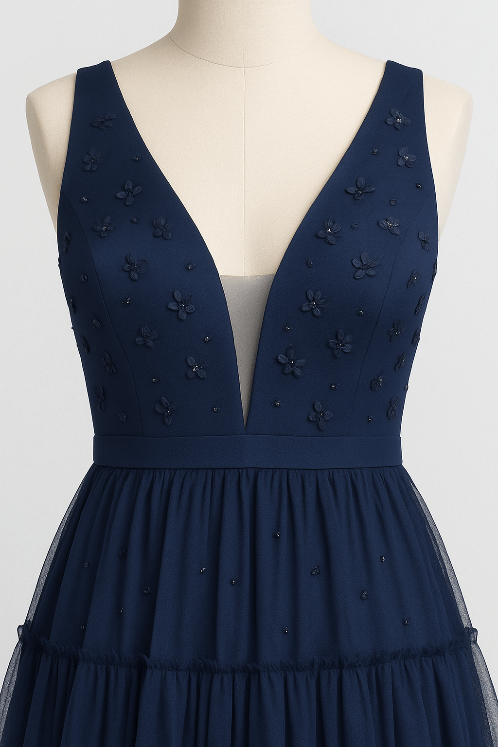 Esme | Formal Maxi Dress - Embellished Bodice - Tiered Tulle Skirt - Flattering V-Neck