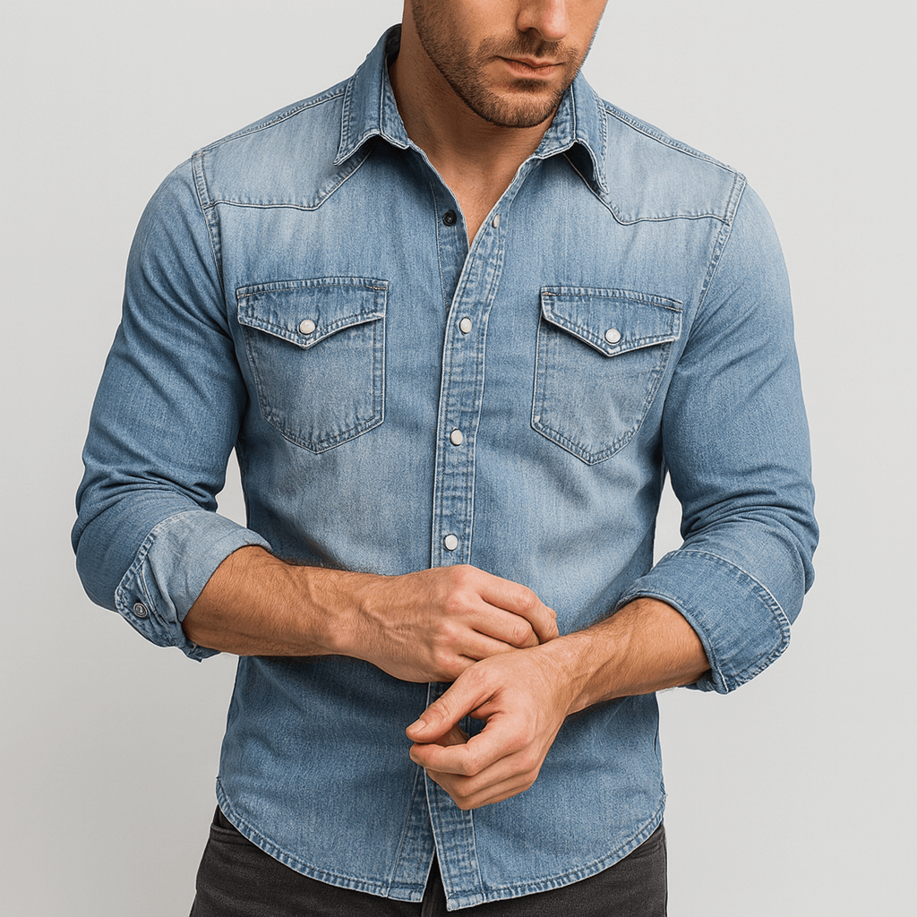 Stoneburry | Slim fit cotton blend denim long sleeve shirt