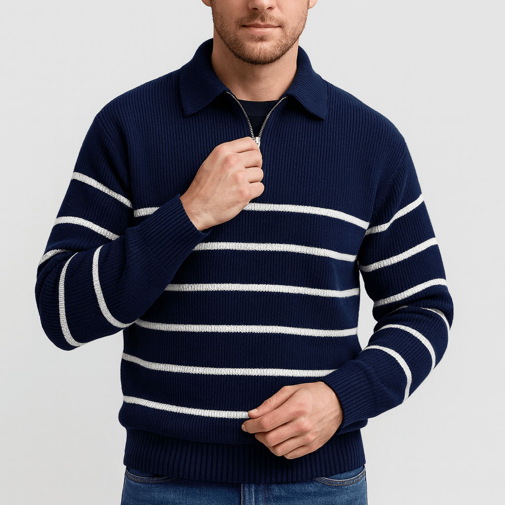 Stoneburry | Wool knit half-zip sweater with nautical stripe
