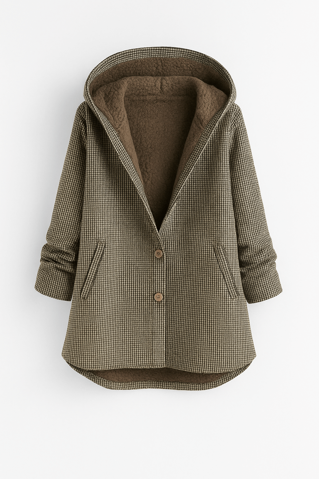 Renee | Women’s Checked Hooded Coat - Button Closure - Cotton Blend - Relaxed Fit