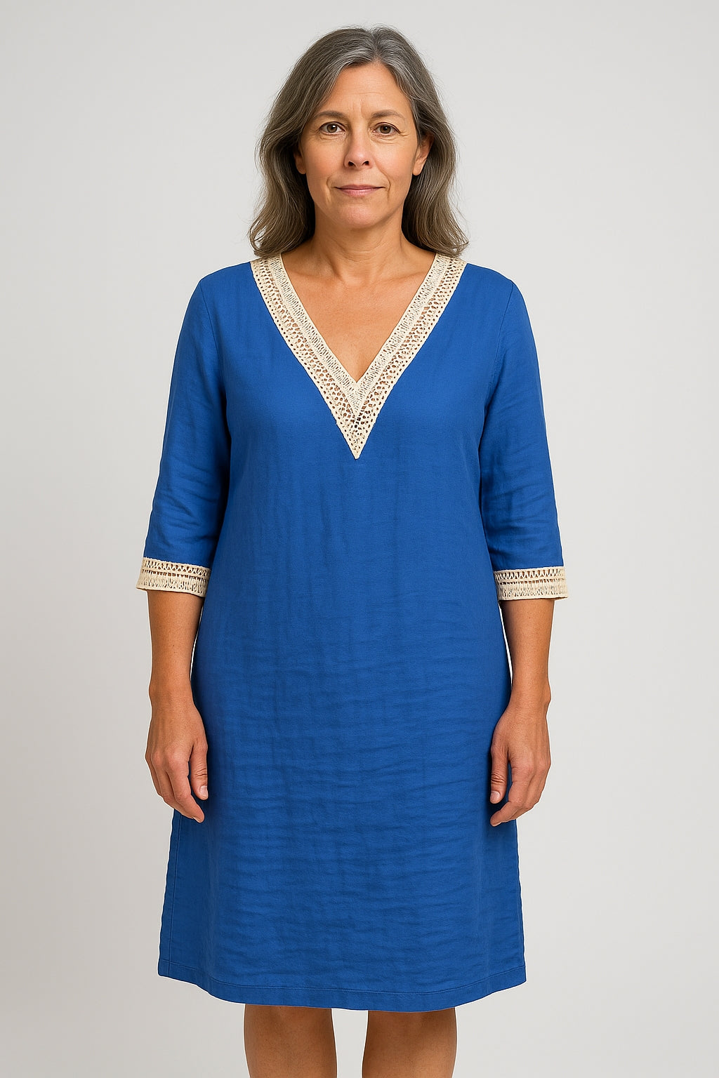 Isla | Women’s Casual Linen Dress - V-Neck Lace Trim - Relaxed 3/4 Sleeve Fit