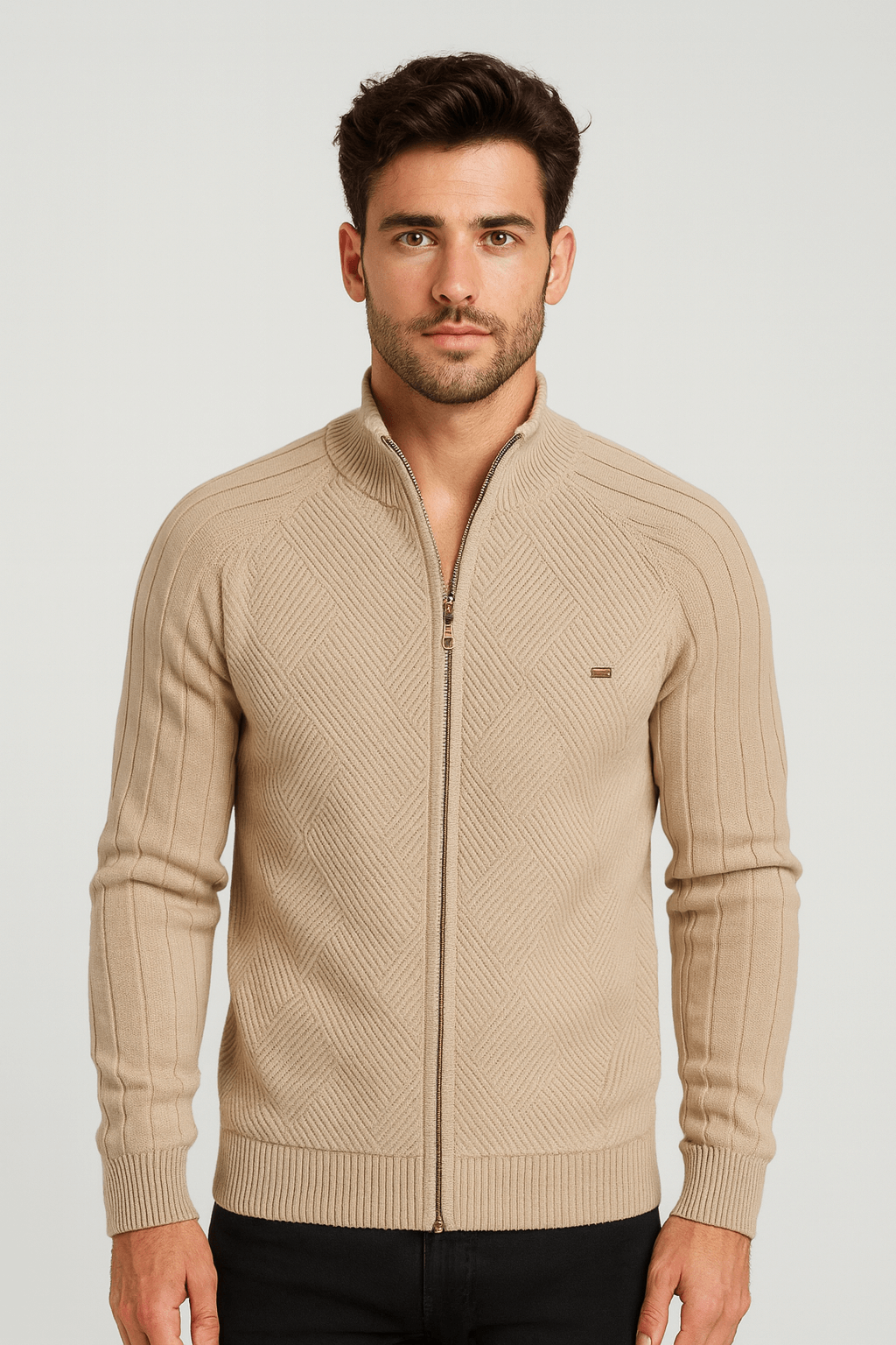 Everett | Men’s Wool Blend Knitted Jacket - High Collar - Ribbed Cuffs - Zipper Front