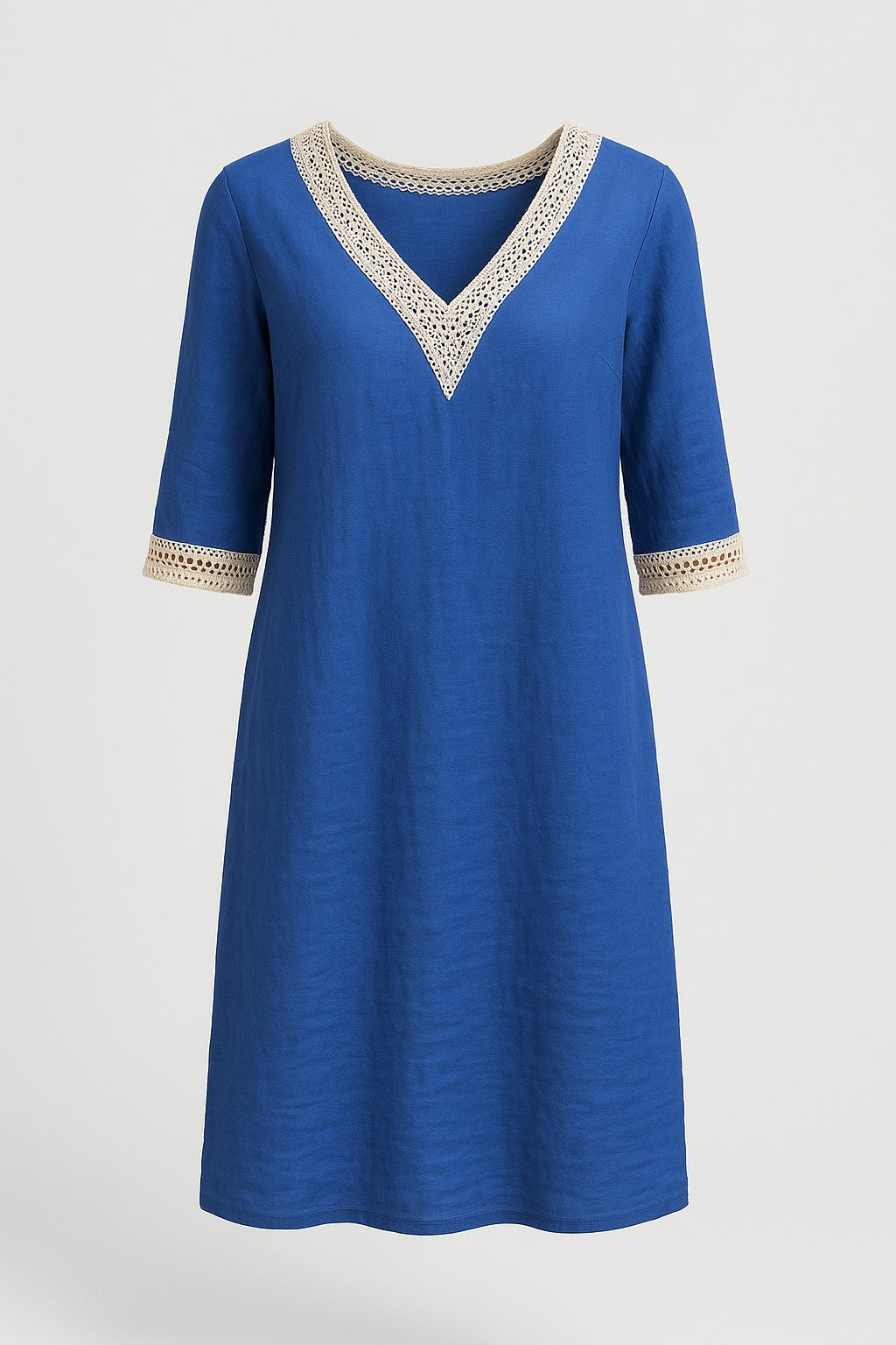 Isla | Women’s Casual Linen Dress - V-Neck Lace Trim - Relaxed 3/4 Sleeve Fit
