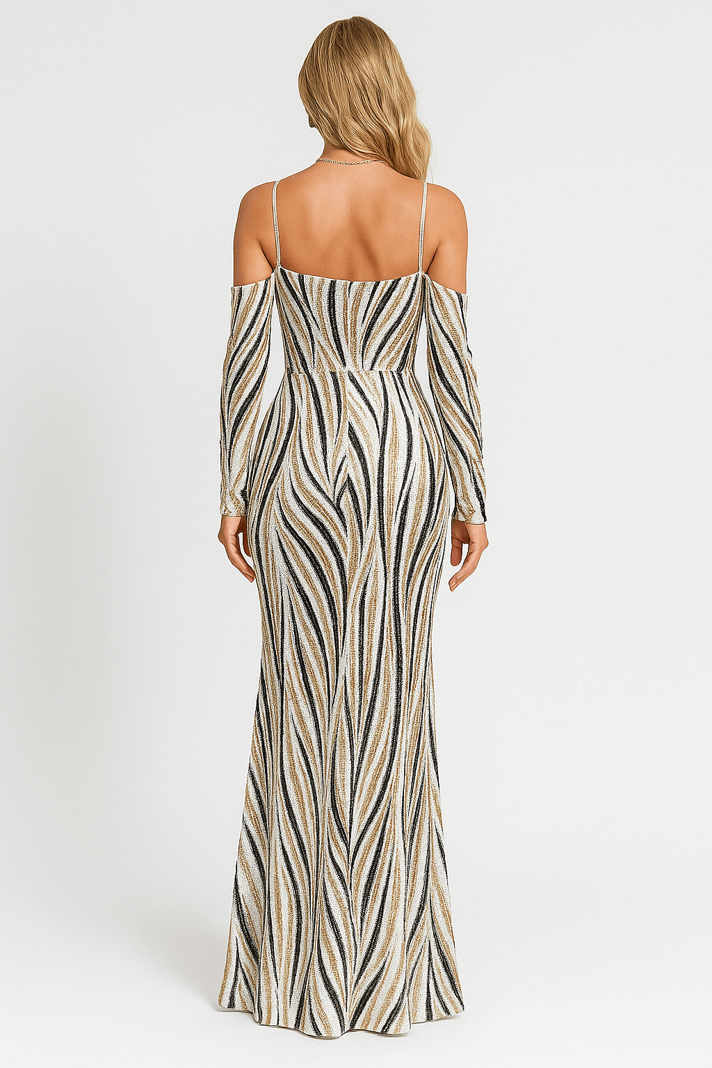 Melina | Women’s Metallic Striped Evening Gown – Cutout Cold Shoulder Formal Dress with Long Sleeves