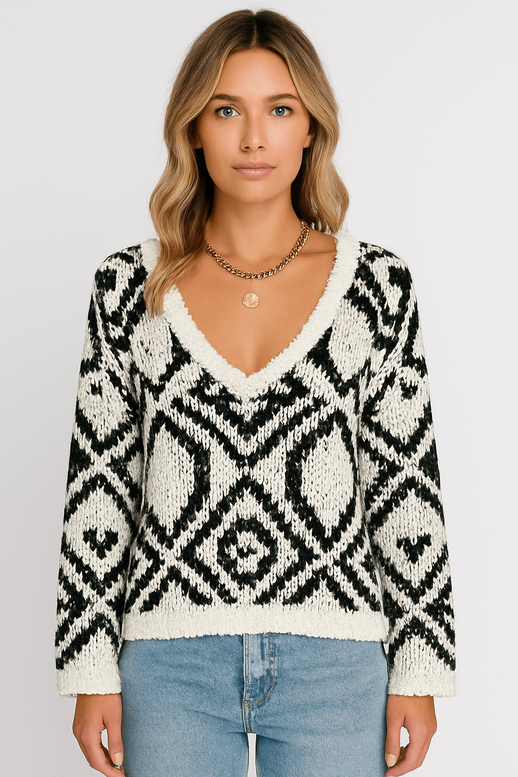 Fallon | Fien Sweater - Women’s Geometric Knit - V-Neck Acrylic Pullover - Loose Fit