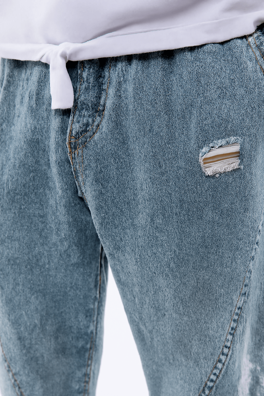 Marcus | Men's Denim Jogger Pants - Elastic Drawstring Waist - Distressed Detail - Cuffed Hem