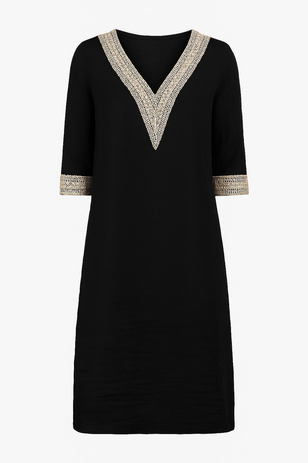 Isla | Women’s Casual Linen Dress - V-Neck Lace Trim - Relaxed 3/4 Sleeve Fit