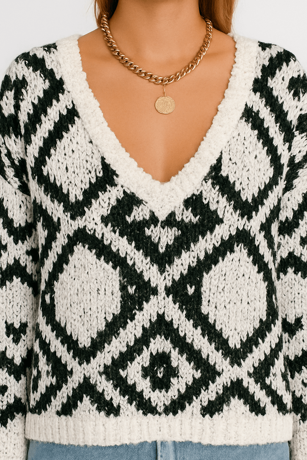 Fallon | Fien Sweater - Women’s Geometric Knit - V-Neck Acrylic Pullover - Loose Fit