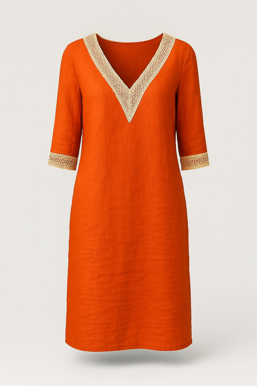 Isla | Women’s Casual Linen Dress - V-Neck Lace Trim - Relaxed 3/4 Sleeve Fit