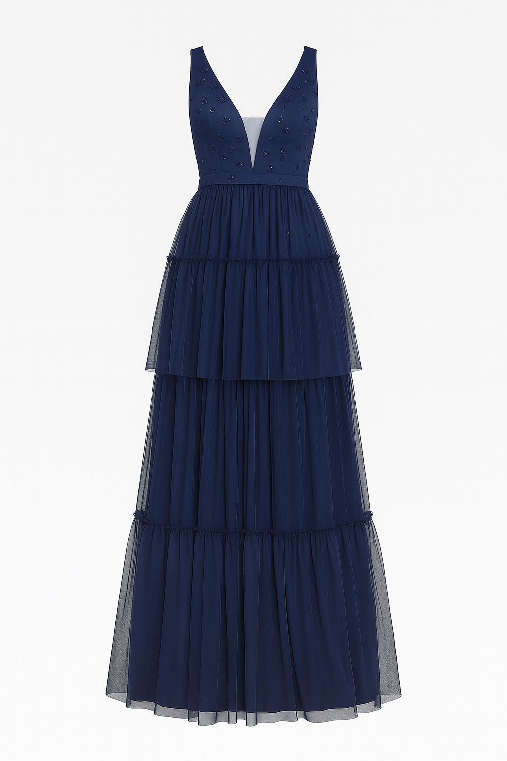 Esme | Formal Maxi Dress - Embellished Bodice - Tiered Tulle Skirt - Flattering V-Neck