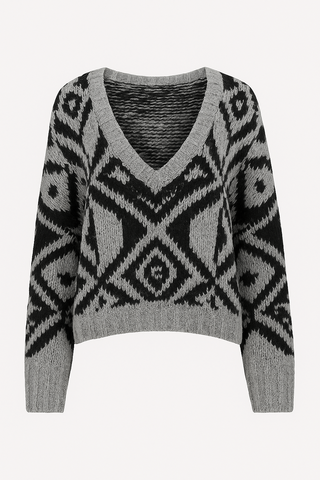 Fallon | Fien Sweater - Women’s Geometric Knit - V-Neck Acrylic Pullover - Loose Fit