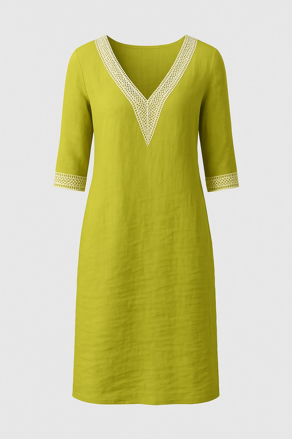Isla | Women’s Casual Linen Dress - V-Neck Lace Trim - Relaxed 3/4 Sleeve Fit