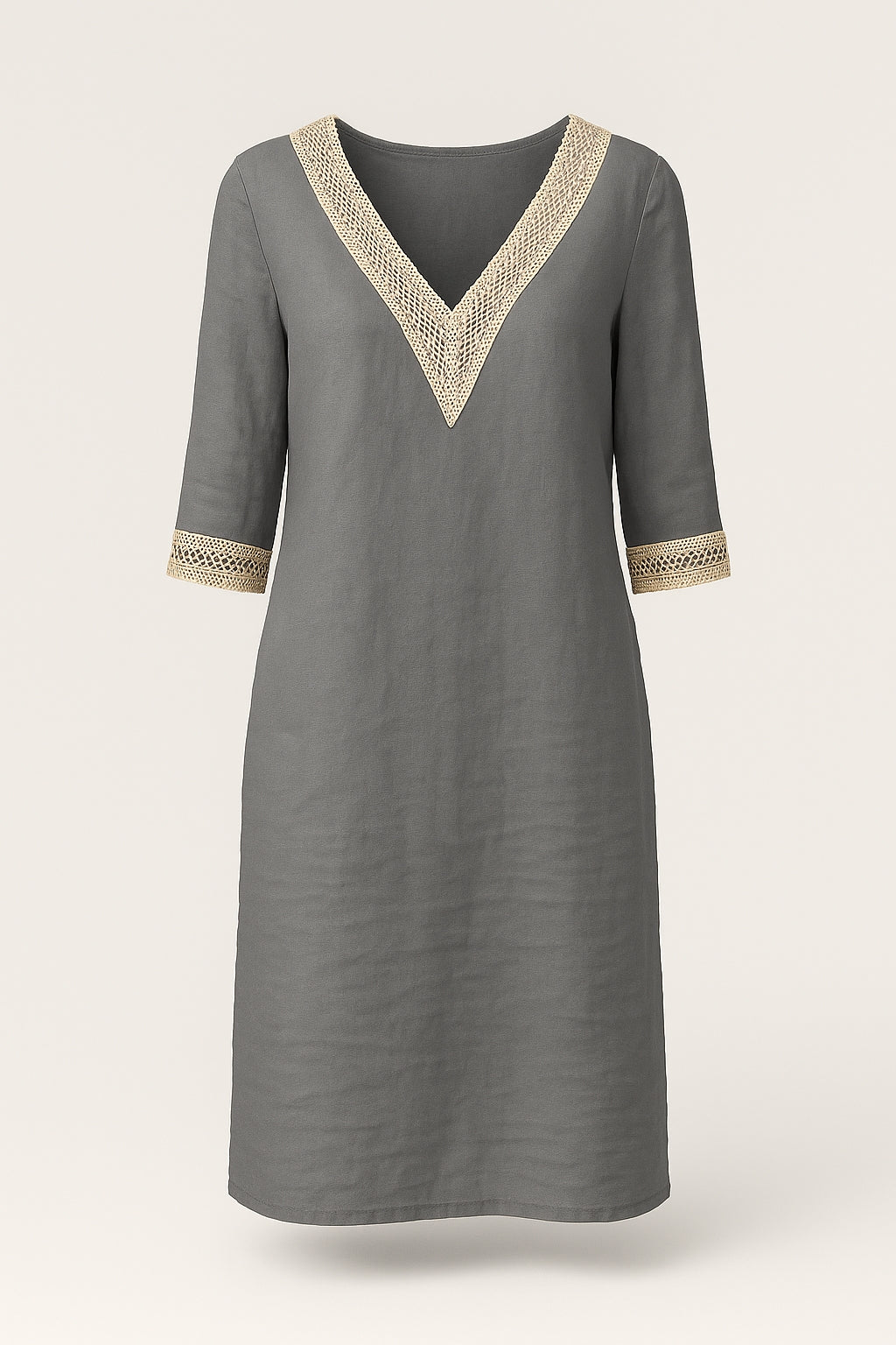 Isla | Women’s Casual Linen Dress - V-Neck Lace Trim - Relaxed 3/4 Sleeve Fit