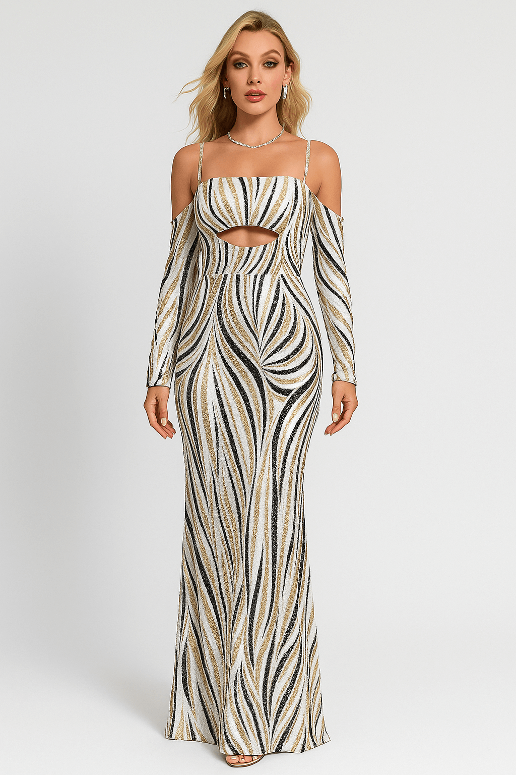Melina | Women’s Metallic Striped Evening Gown – Cutout Cold Shoulder Formal Dress with Long Sleeves