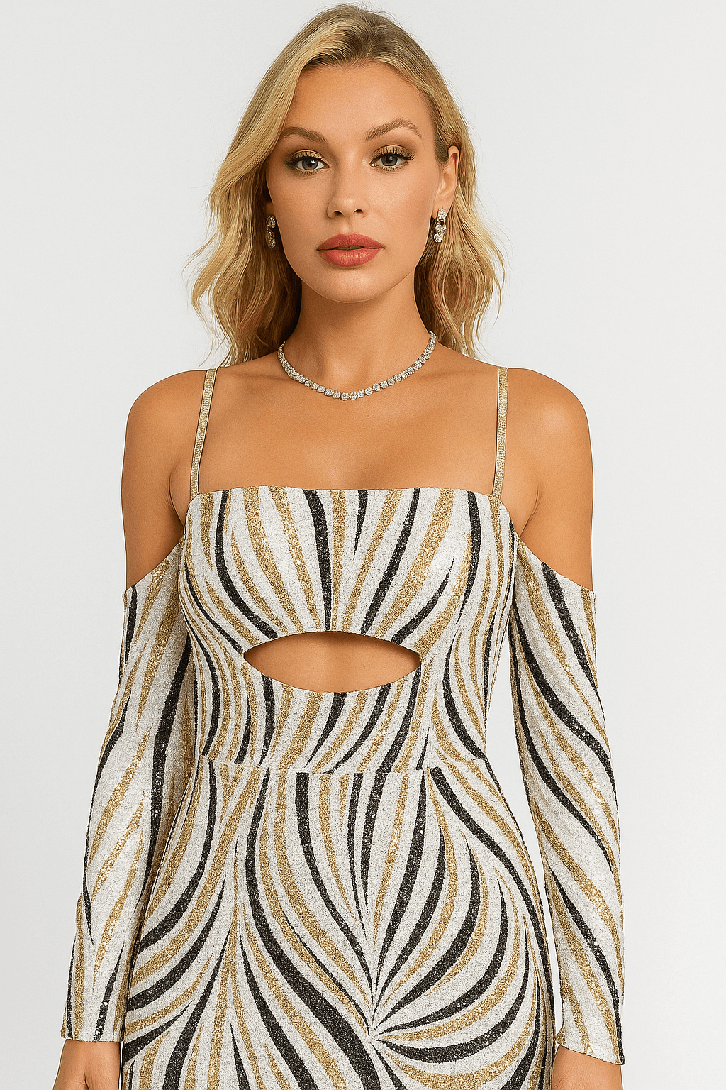 Melina | Women’s Metallic Striped Evening Gown – Cutout Cold Shoulder Formal Dress with Long Sleeves