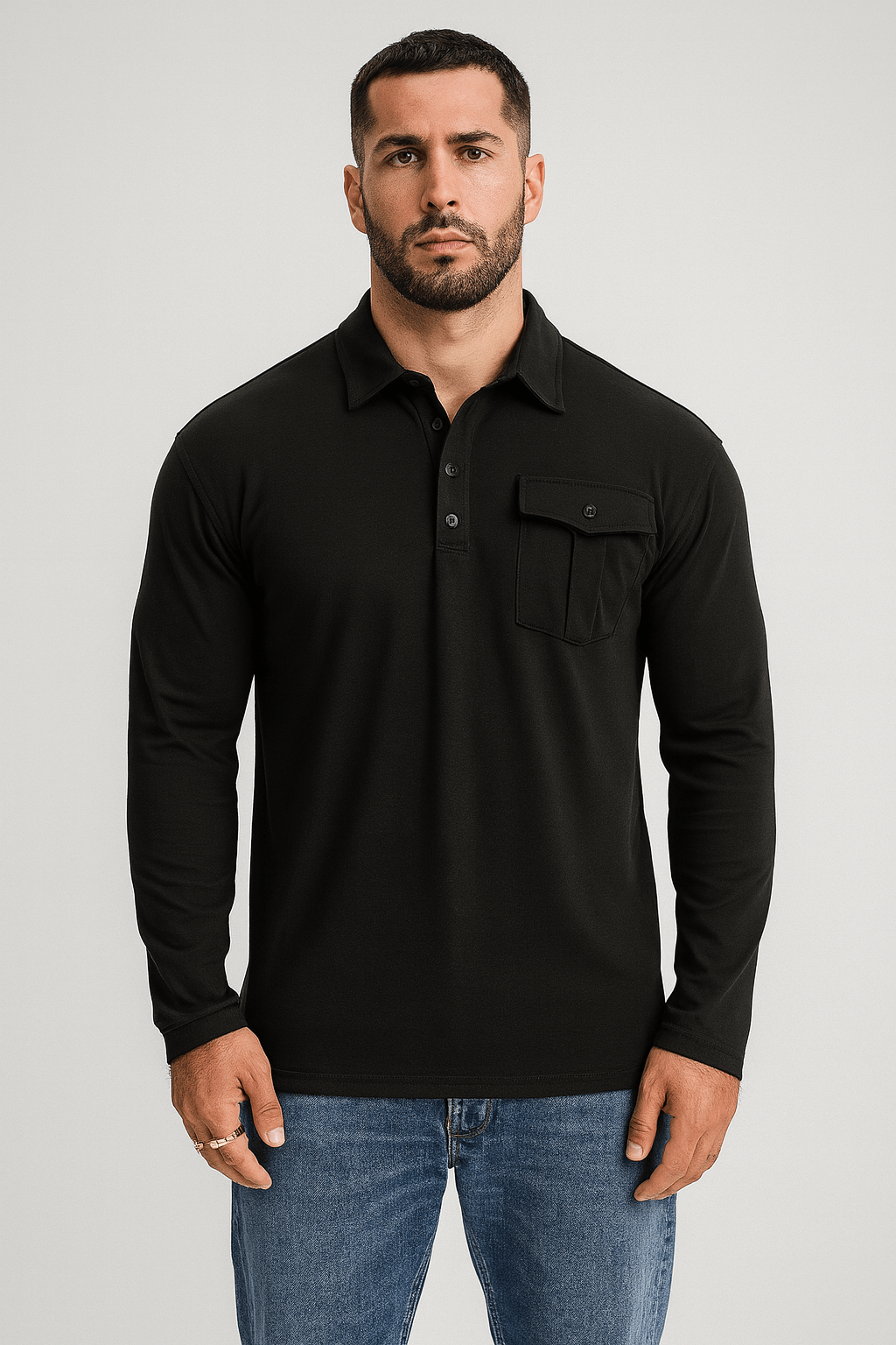 Jarrod | Men’s Slim Fit Cotton Henley Polo Shirt - Stand Collar - Chest Pocket - All-Season Wear