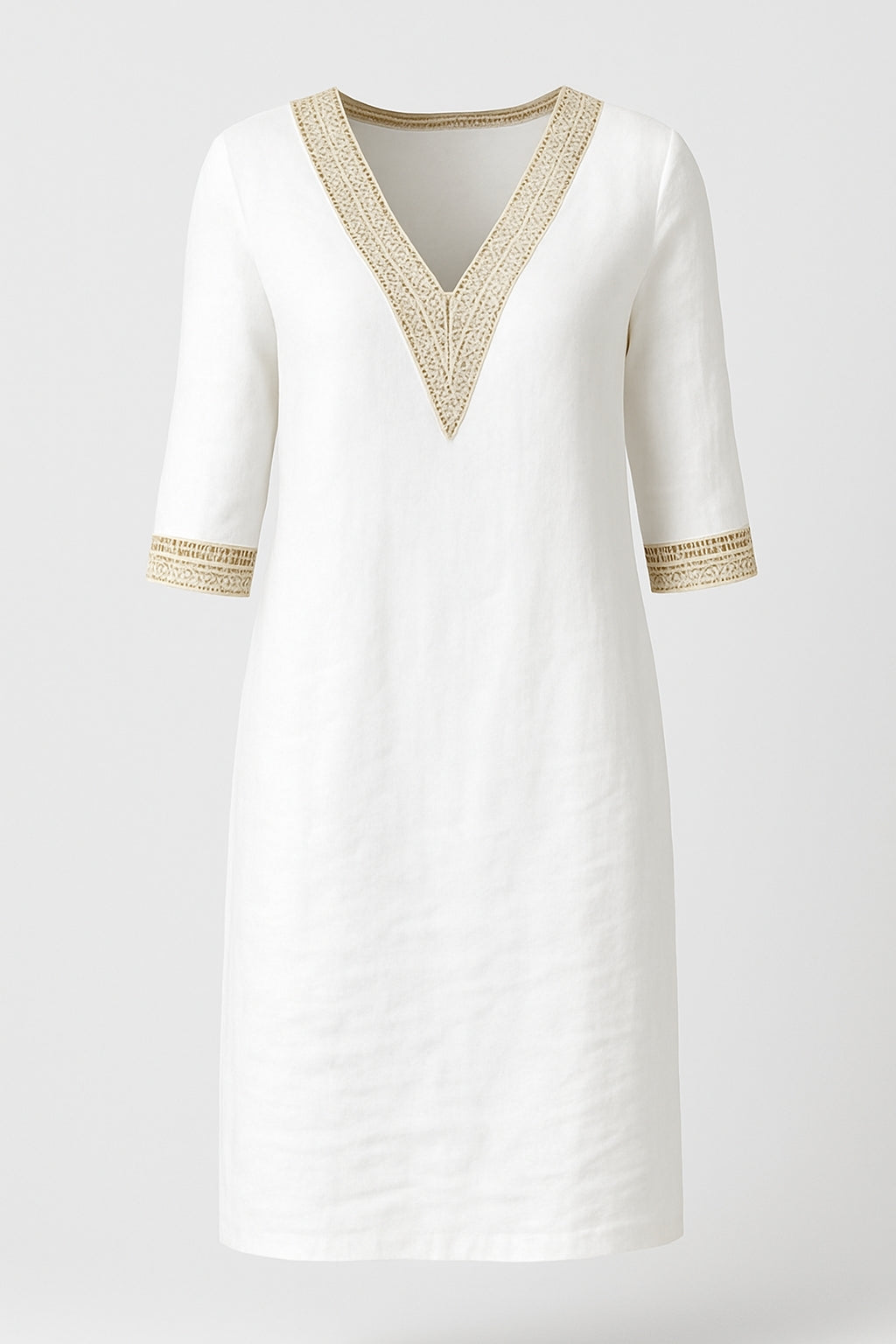 Isla | Women’s Casual Linen Dress - V-Neck Lace Trim - Relaxed 3/4 Sleeve Fit