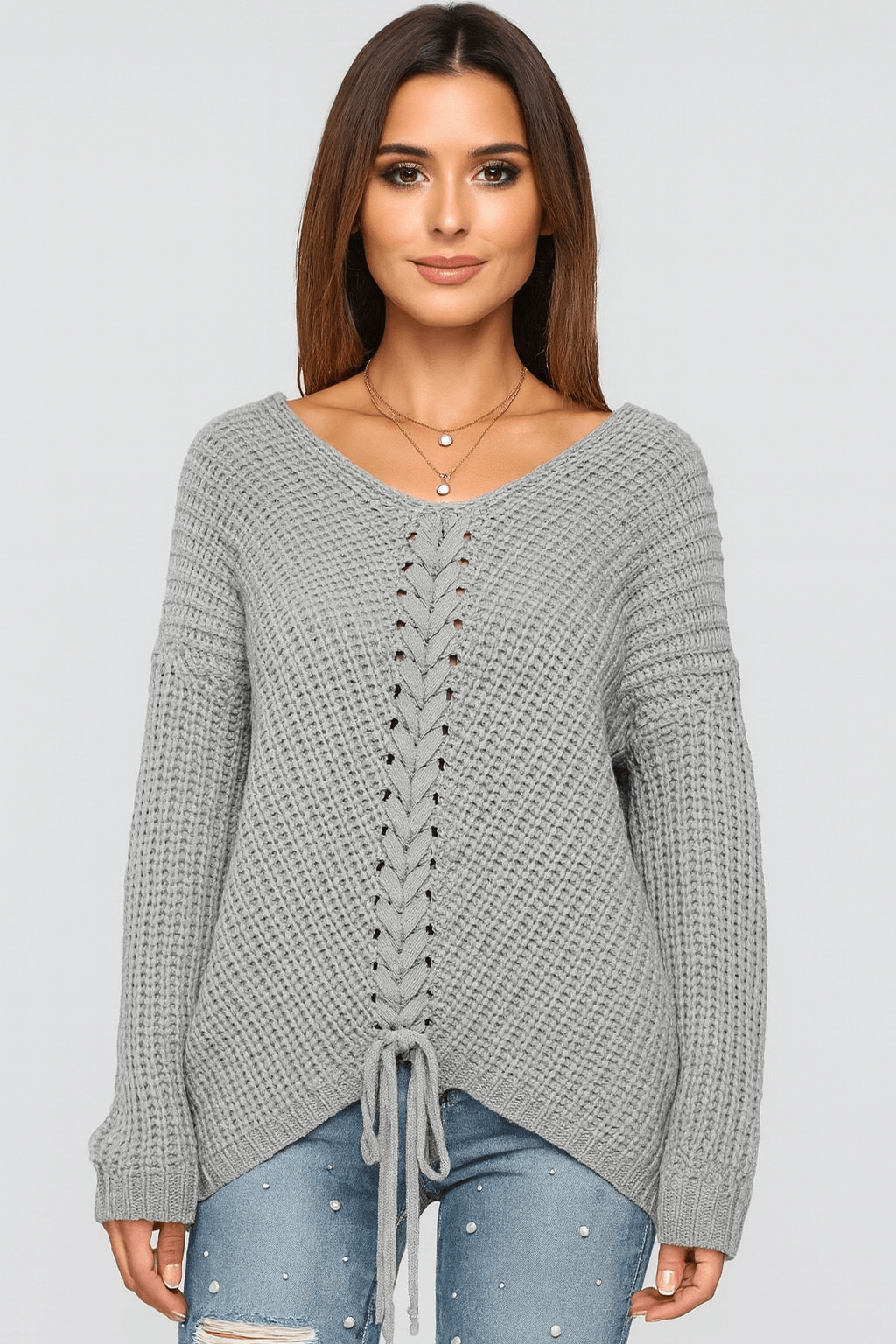 Meredith | Women's Sweater - Braided Front Detail - Round Neck - Soft Acrylic Knit