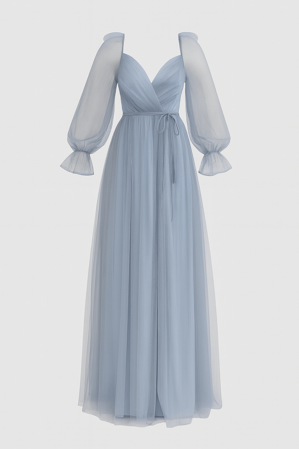 Fiona | Women’s Light Blue Tulle Evening Gown – V-Neck Formal Dress with Sheer Long Sleeves and Waist Tie