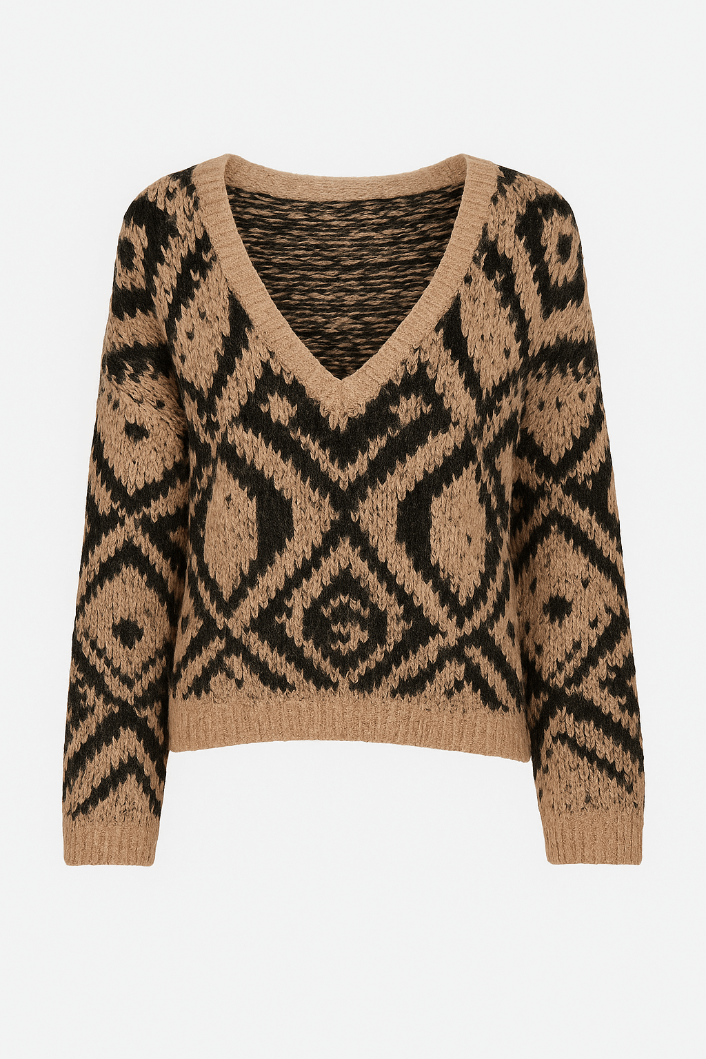 Fallon | Fien Sweater - Women’s Geometric Knit - V-Neck Acrylic Pullover - Loose Fit