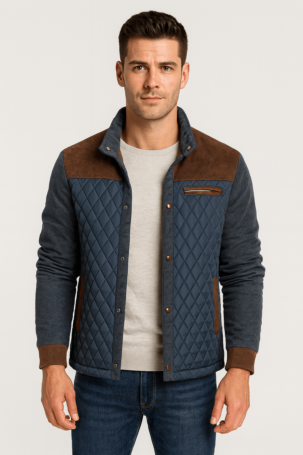 Caius | Men’s Quilted Jacket - Diamond Pattern - Contrast Trim - Zippered Pockets