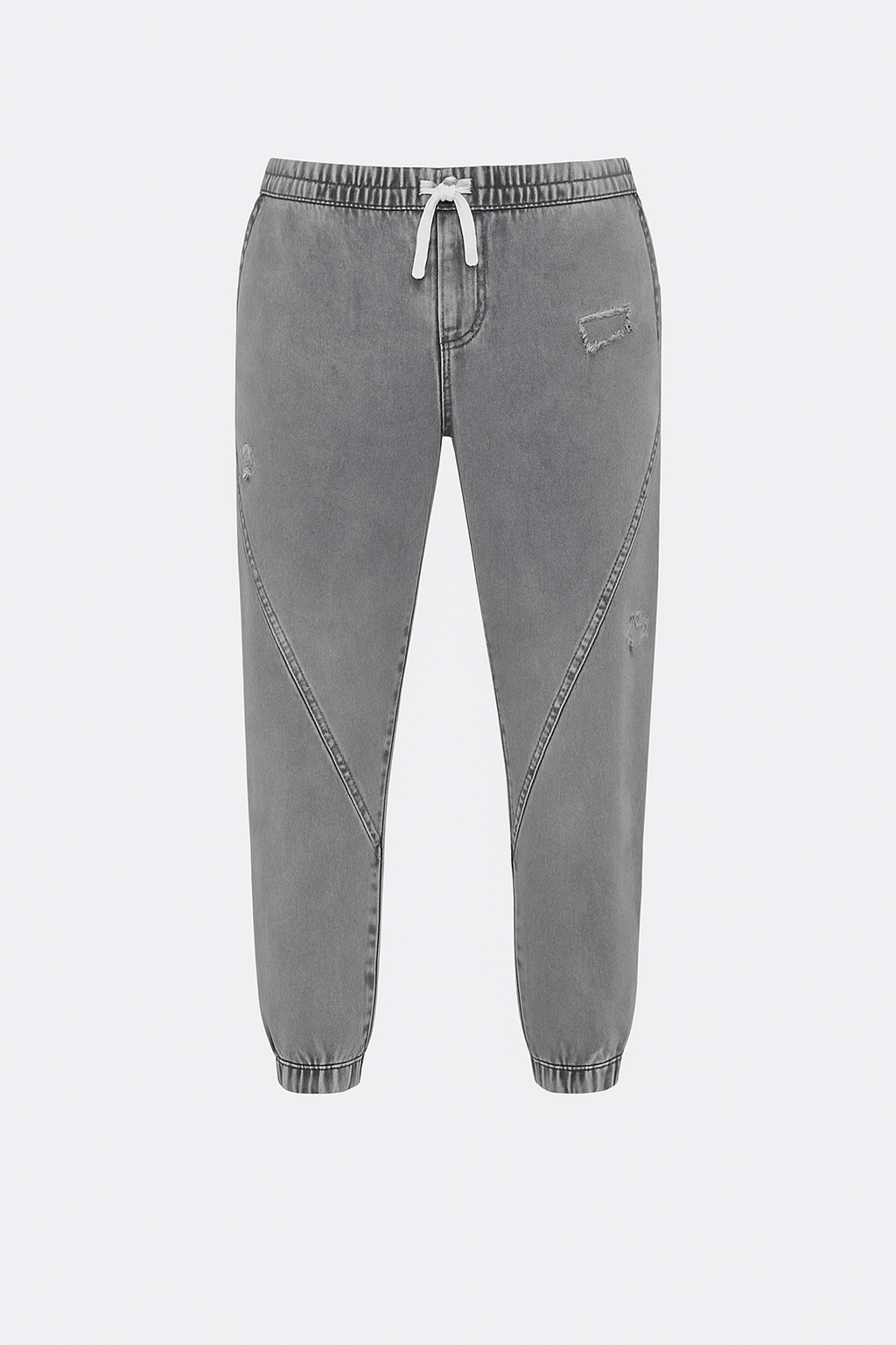Marcus | Men's Denim Jogger Pants - Elastic Drawstring Waist - Distressed Detail - Cuffed Hem