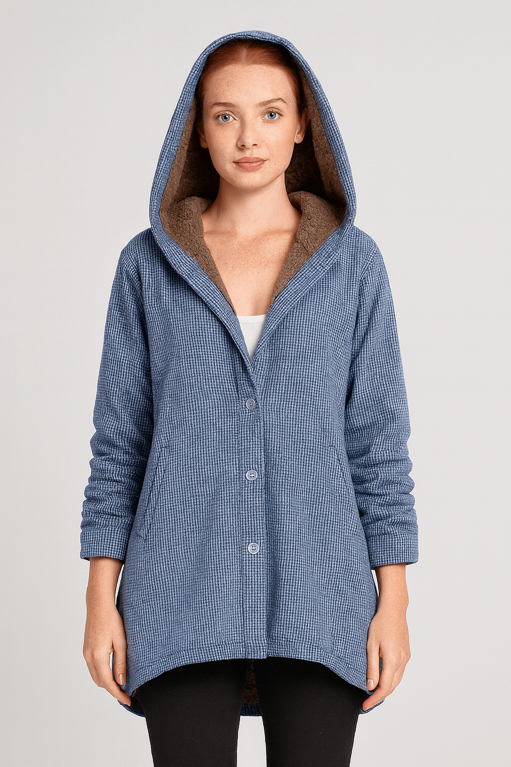 Renee | Women’s Checked Hooded Coat - Button Closure - Cotton Blend - Relaxed Fit