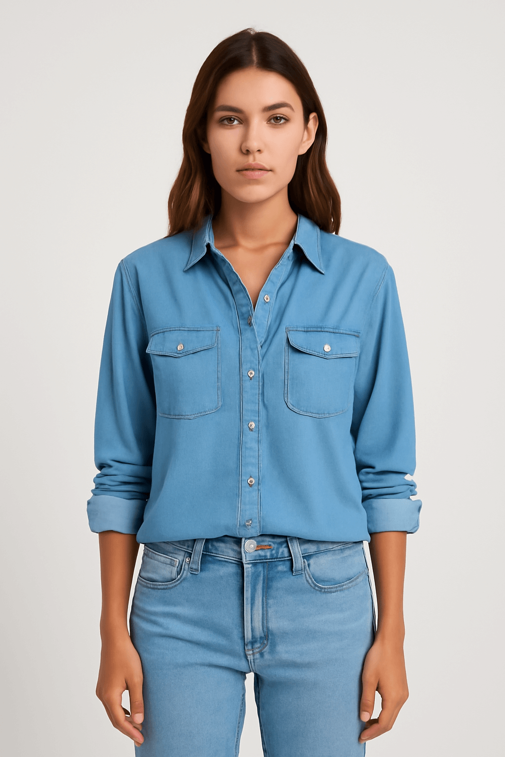 Nora | Women’s Denim Shirt - Button Closure - Long Sleeve - Western Style