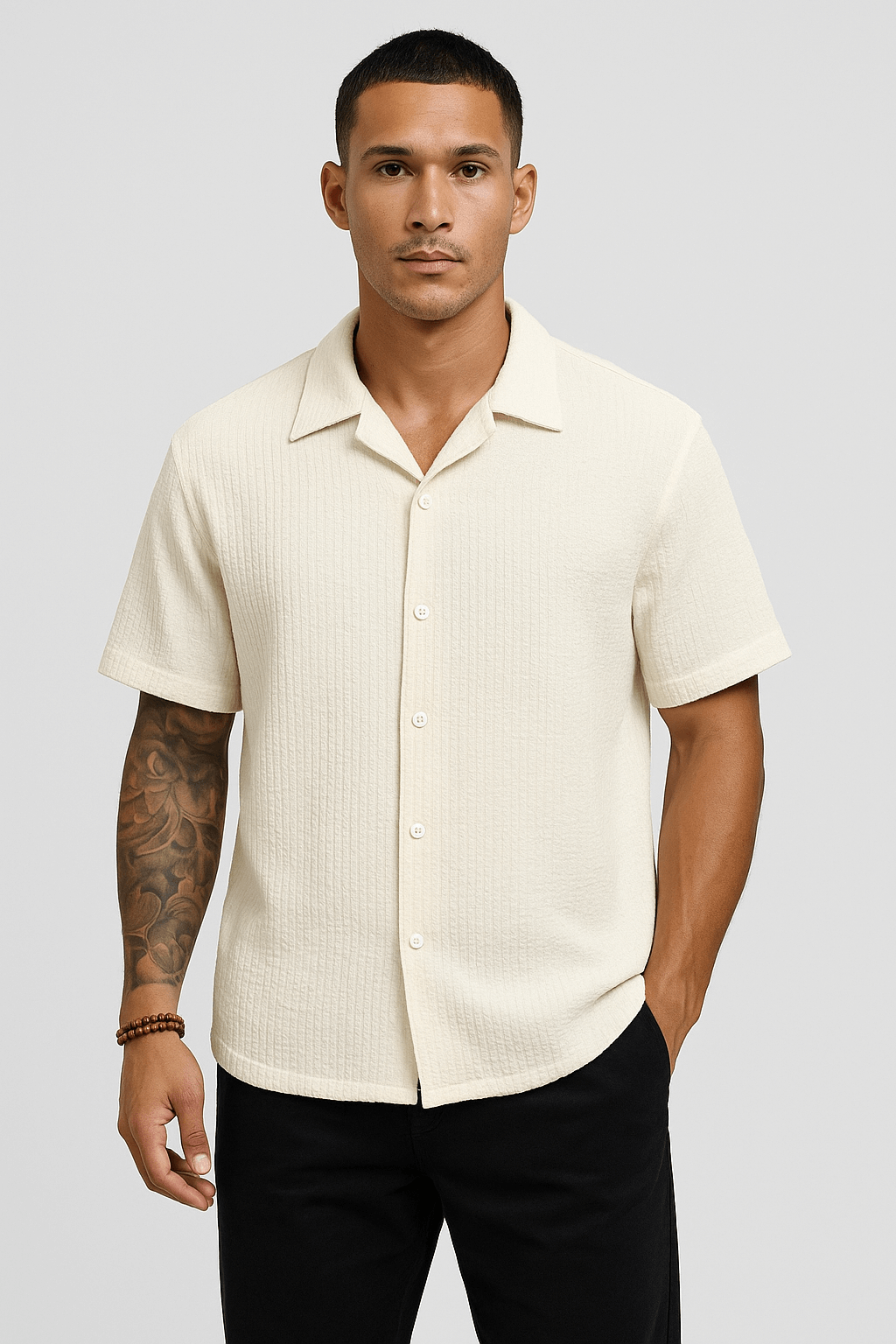 Finn | Men’s Cotton Shirt - Short Sleeve - Monochrome Style - Casual Wear