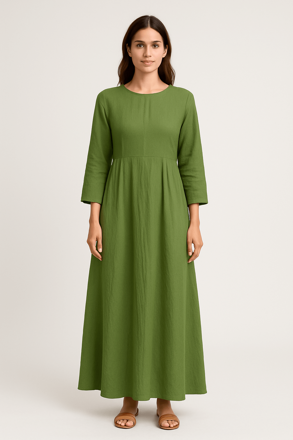 Olive | Long-Sleeve Cotton Maxi Dress - Modest A-Line Fit